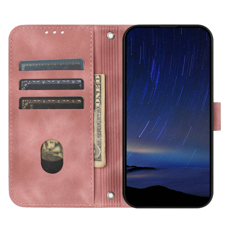 For iPhone 16e Embossed Line Leather Phone Case with Lanyard(Pink) by buy2fix