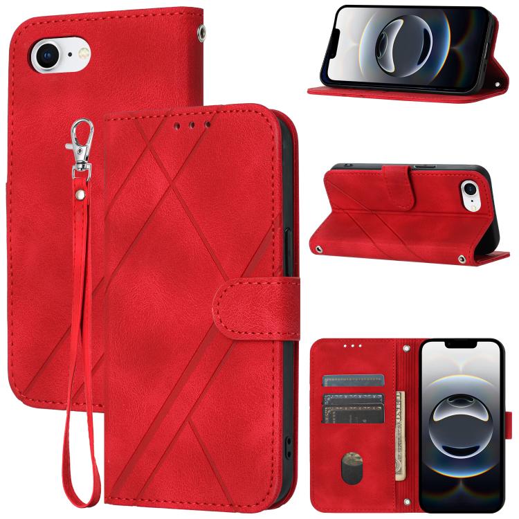 For iPhone 16e Embossed Line Leather Phone Case with Lanyard(Red) by buy2fix