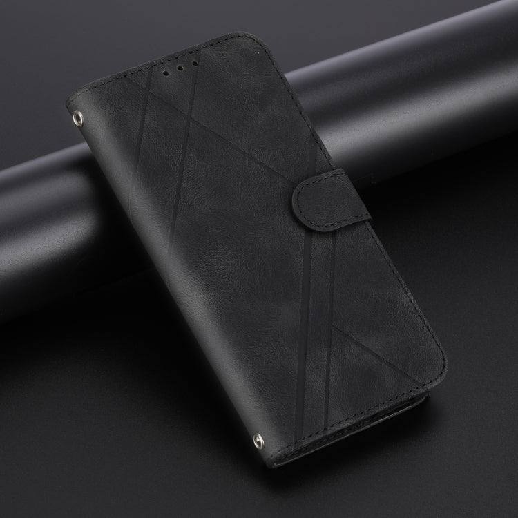 For iPhone 16e Embossed Line Leather Phone Case with Lanyard(Black) by buy2fix