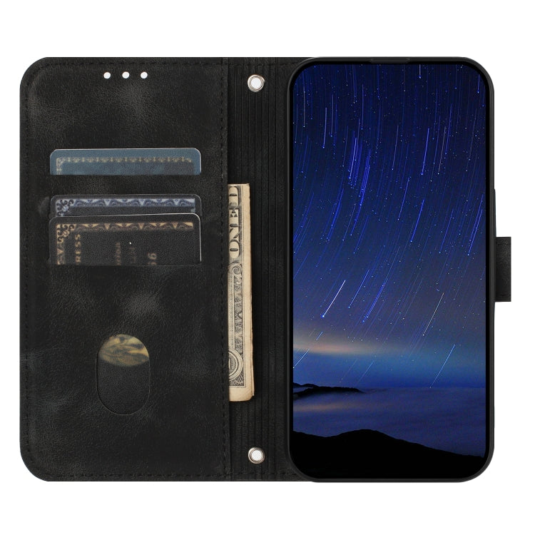 For iPhone 16e Embossed Line Leather Phone Case with Lanyard(Black) by buy2fix