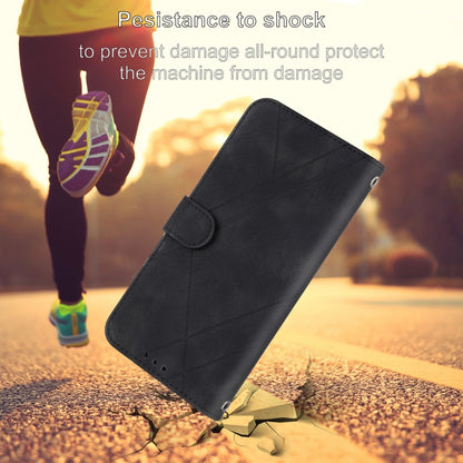 For iPhone 16e Embossed Line Leather Phone Case with Lanyard(Black) by buy2fix