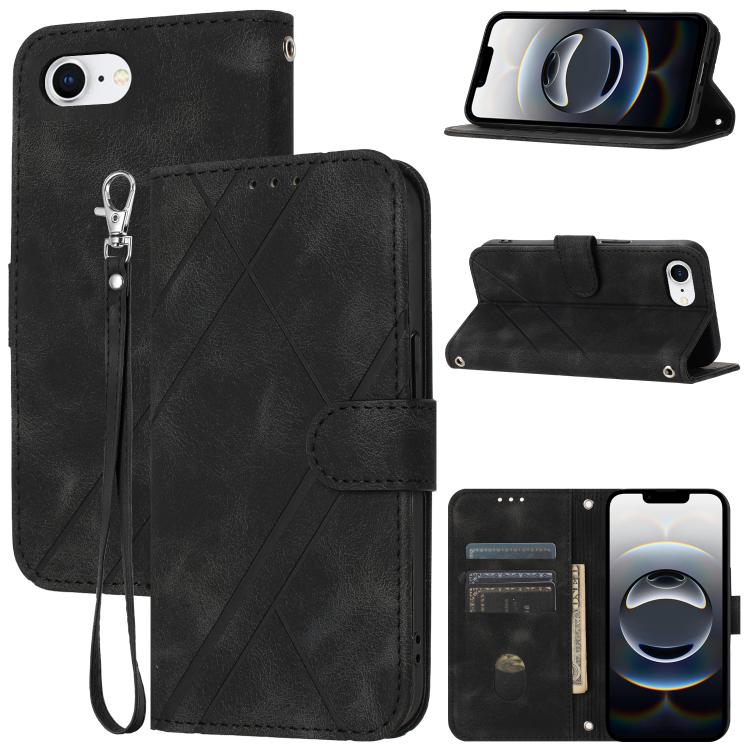 For iPhone 16e Embossed Line Leather Phone Case with Lanyard(Black) by buy2fix