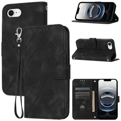 For iPhone 16e Embossed Line Leather Phone Case with Lanyard(Black) by buy2fix