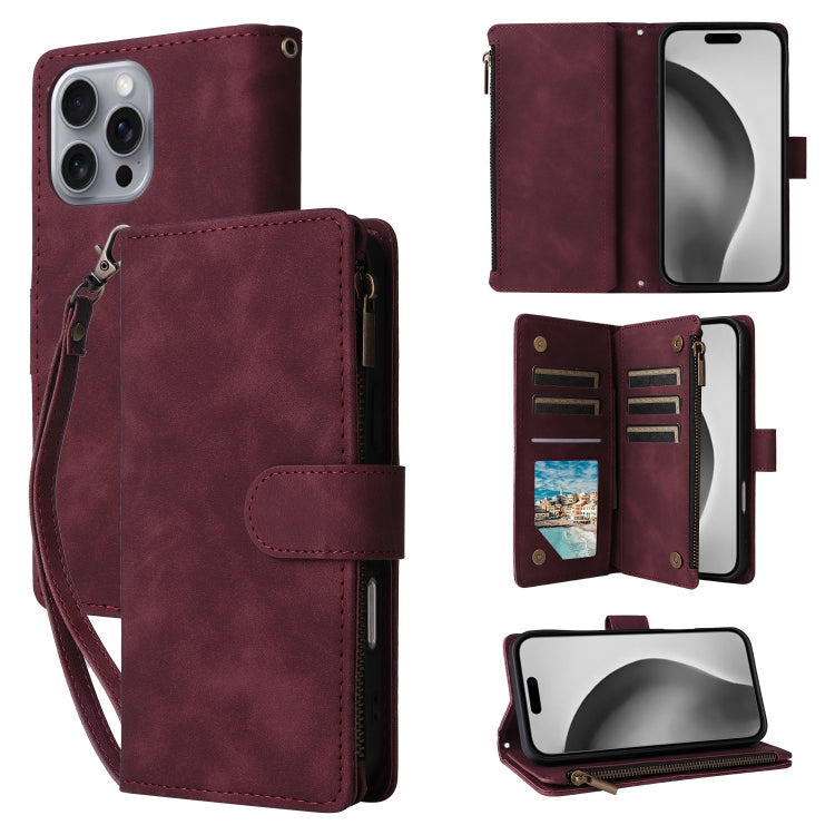 For iPhone 16 Pro Max Crossbody Multi-card Slot Wallet Zipper Leather Phone Case(Wine Red) by buy2fix