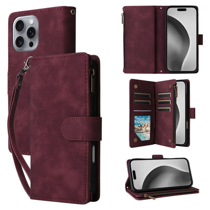 For iPhone 16 Pro Max Crossbody Multi-card Slot Wallet Zipper Leather Phone Case(Wine Red) by buy2fix