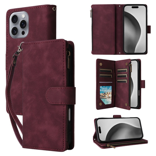For iPhone 16 Pro Max Crossbody Multi-card Slot Wallet Zipper Leather Phone Case(Wine Red) by buy2fix