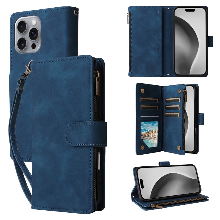 For iPhone 16 Pro Max Crossbody Multi-card Slot Wallet Zipper Leather Phone Case(Dark Blue) by buy2fix
