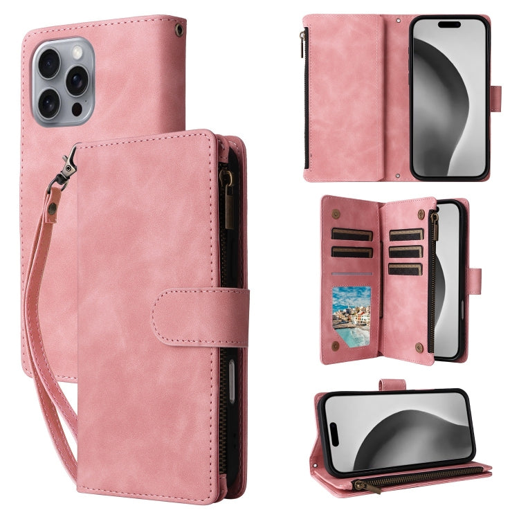For iPhone 16 Pro Max Crossbody Multi-card Slot Wallet Zipper Leather Phone Case(Pink) by buy2fix
