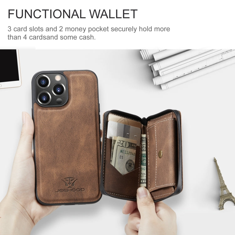 For iPhone 15 Pro JEEHOOD Magnetic Zipper Wallet Leather Phone Case(Brown) - iPhone 15 Pro Cases by JEEHOOD | Online Shopping UK | buy2fix