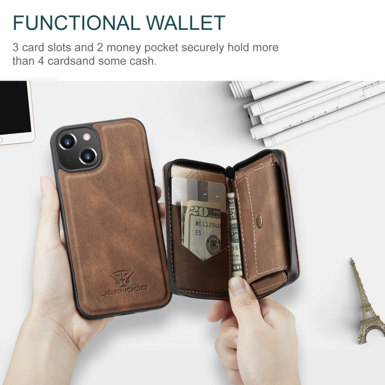 For iPhone 15 JEEHOOD Magnetic Zipper Wallet Leather Phone Case(Brown) - iPhone 15 Cases by JEEHOOD | Online Shopping UK | buy2fix