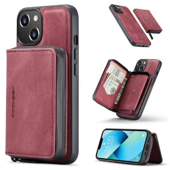 For iPhone 15 JEEHOOD Magnetic Zipper Wallet Leather Phone Case(Red)