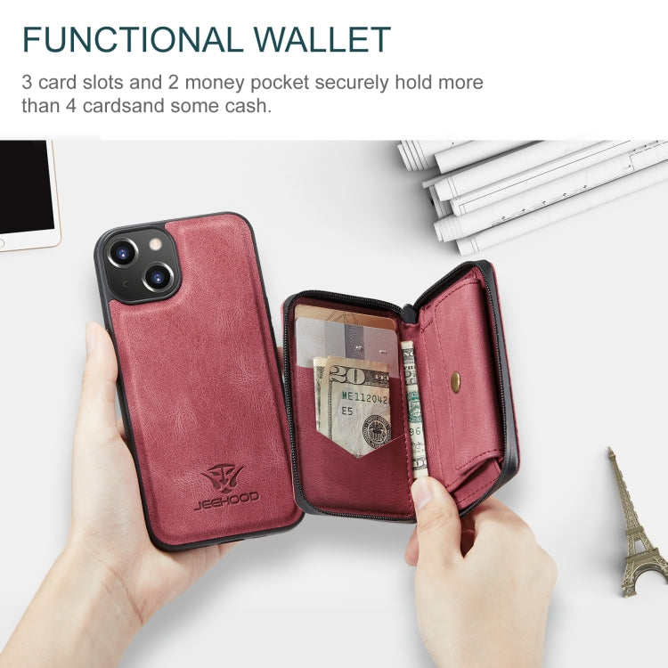 For iPhone 15 JEEHOOD Magnetic Zipper Wallet Leather Phone Case(Red) - iPhone 15 Cases by JEEHOOD | Online Shopping UK | buy2fix