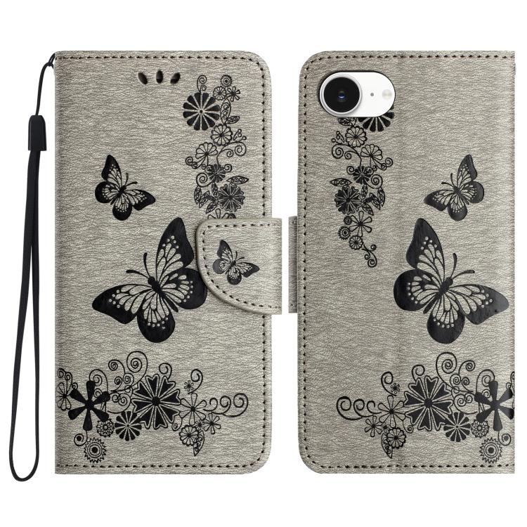 For iPhone 16e Butterfly Embossed Flip Leather Phone Case(Grey) - iPhone 16e Cases by buy2fix | Online Shopping UK | buy2fix
