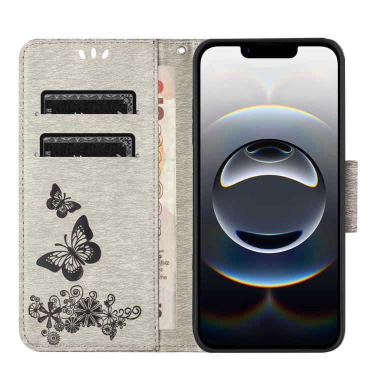 For iPhone 16e Butterfly Embossed Flip Leather Phone Case(Grey) - iPhone 16e Cases by buy2fix | Online Shopping UK | buy2fix