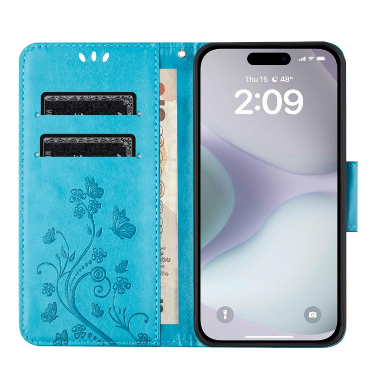 For iPhone 16 Plus Butterfly Flower Pattern Flip Leather Phone Case(Blue) - iPhone 16 Plus Cases by buy2fix | Online Shopping UK | buy2fix