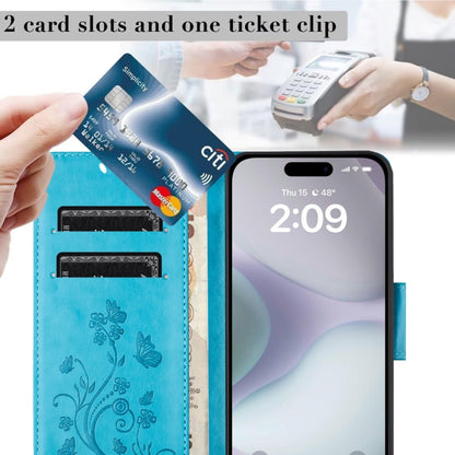 For iPhone 16 Plus Butterfly Flower Pattern Flip Leather Phone Case(Blue) - iPhone 16 Plus Cases by buy2fix | Online Shopping UK | buy2fix
