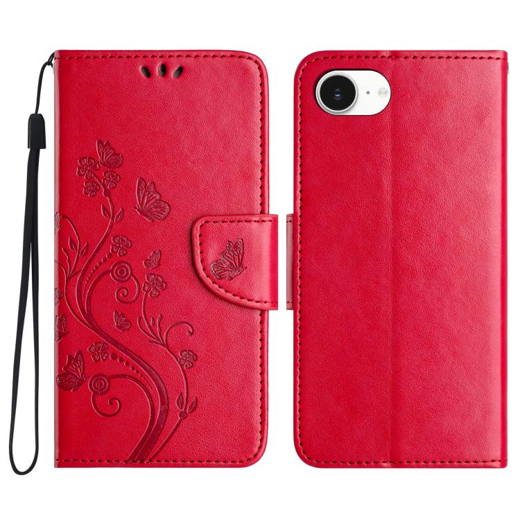 For iPhone 16e Butterfly Flower Pattern Flip Leather Phone Case(Red) - iPhone 16e Cases by buy2fix | Online Shopping UK | buy2fix