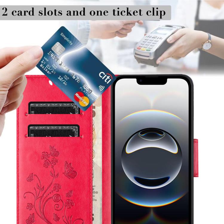 For iPhone 16e Butterfly Flower Pattern Flip Leather Phone Case(Red) - iPhone 16e Cases by buy2fix | Online Shopping UK | buy2fix