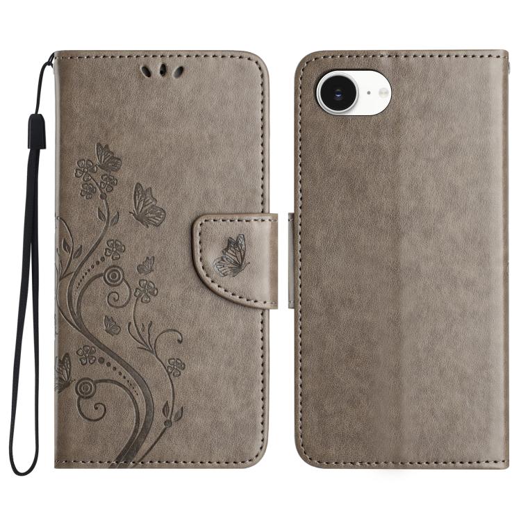 For iPhone 16e Butterfly Flower Pattern Flip Leather Phone Case(Grey) - iPhone 16e Cases by buy2fix | Online Shopping UK | buy2fix
