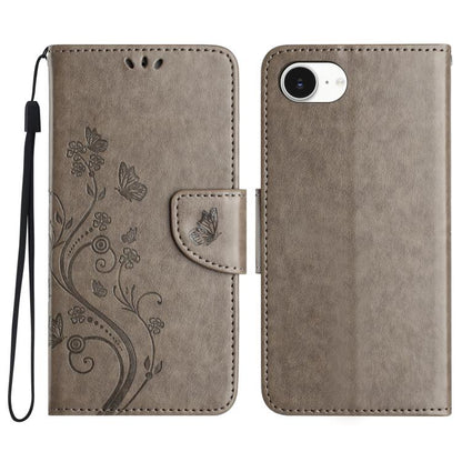 For iPhone 16e Butterfly Flower Pattern Flip Leather Phone Case(Grey) - iPhone 16e Cases by buy2fix | Online Shopping UK | buy2fix
