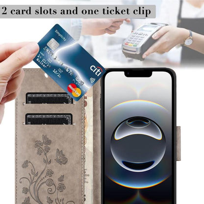 For iPhone 16e Butterfly Flower Pattern Flip Leather Phone Case(Grey) - iPhone 16e Cases by buy2fix | Online Shopping UK | buy2fix