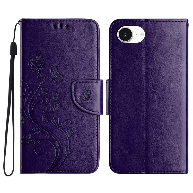 For iPhone 16e Butterfly Flower Pattern Flip Leather Phone Case(Dark Purple) - iPhone 16e Cases by buy2fix | Online Shopping UK | buy2fix