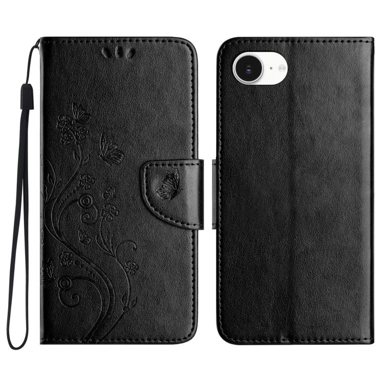 For iPhone 16e Butterfly Flower Pattern Flip Leather Phone Case(Black) - iPhone 16e Cases by buy2fix | Online Shopping UK | buy2fix