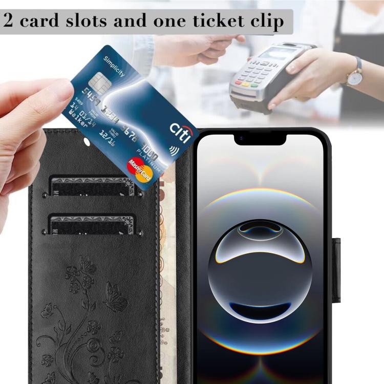 For iPhone 16e Butterfly Flower Pattern Flip Leather Phone Case(Black) - iPhone 16e Cases by buy2fix | Online Shopping UK | buy2fix