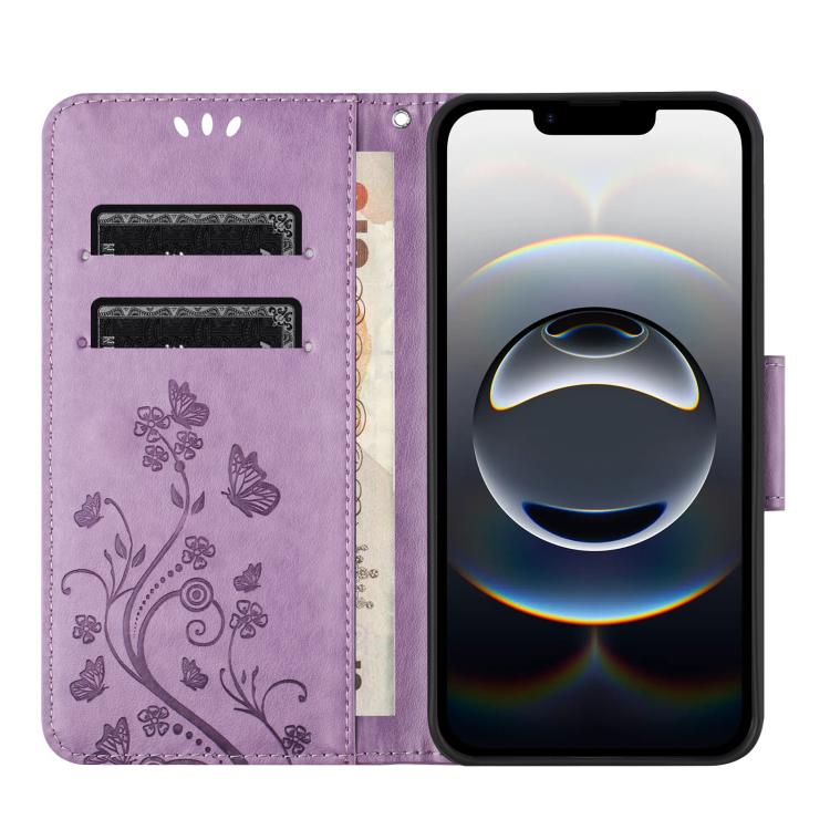 For iPhone 16e Butterfly Flower Pattern Flip Leather Phone Case(Light Purple) - iPhone 16e Cases by buy2fix | Online Shopping UK | buy2fix