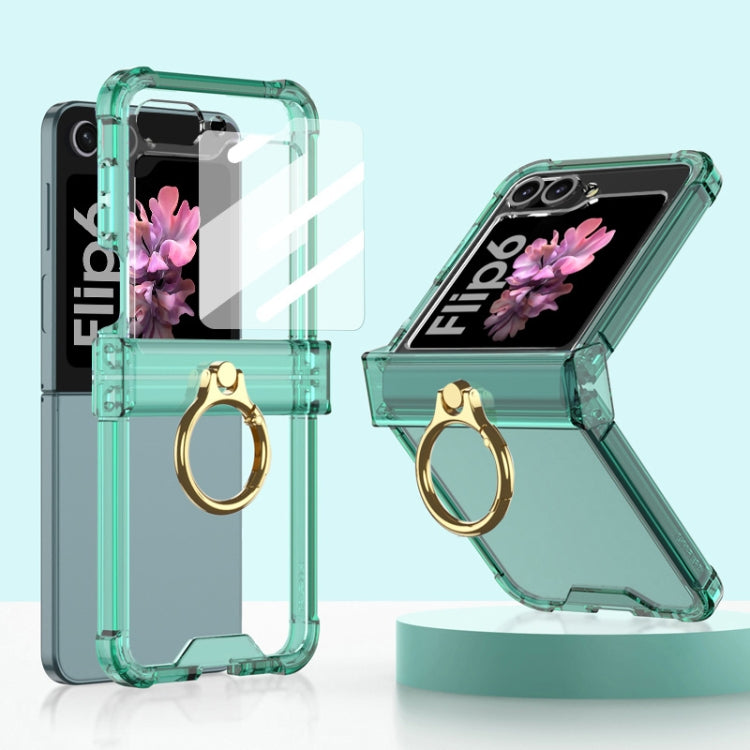 For Samsung Galaxy Z Flip6 / Flip7 FE Gkk Airbag Hinge Silicone Phone Case with Ring Holder & Tempered Film(Transparent Green) - Galaxy Z Flip6 5G Cases by GKK | Online Shopping UK | buy2fix