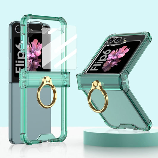 For Samsung Galaxy Z Flip6 / Flip7 FE Gkk Airbag Hinge Silicone Phone Case with Ring Holder & Tempered Film(Transparent Green) - Galaxy Z Flip6 5G Cases by GKK | Online Shopping UK | buy2fix