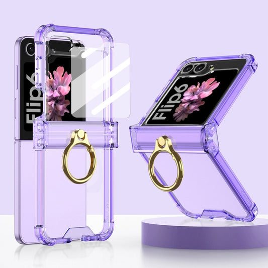 For Samsung Galaxy Z Flip6 / Flip7 FE Gkk Airbag Hinge Silicone Phone Case with Ring Holder & Tempered Film(Transparent Purple) - Galaxy Z Flip6 5G Cases by GKK | Online Shopping UK | buy2fix