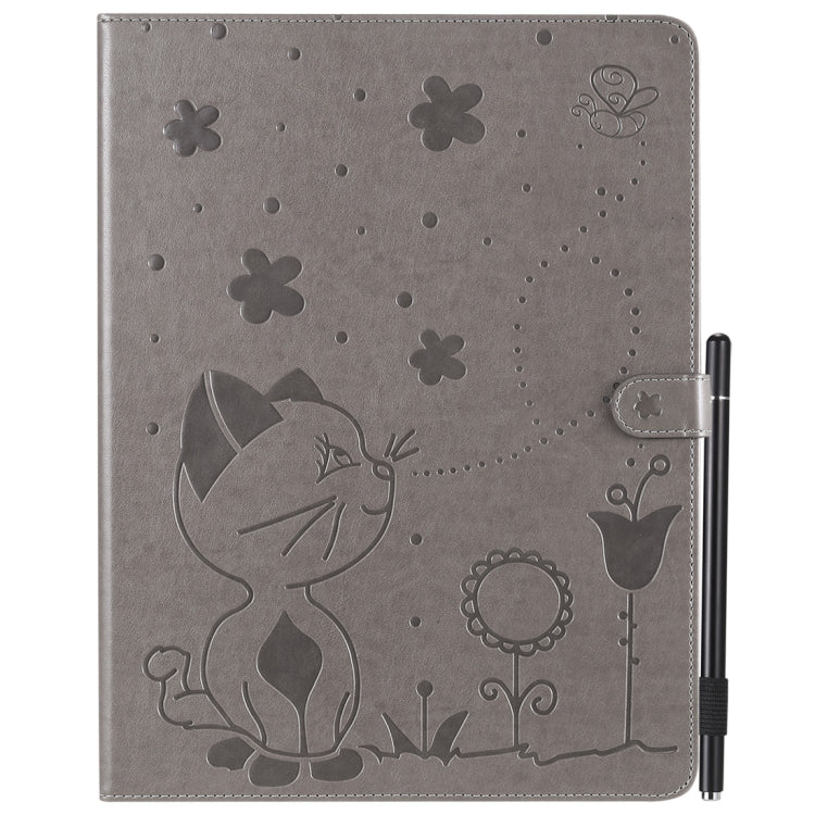 For iPad Pro 12.9 (2020) & (2018) Cat Bee Embossing Pattern Horizontal Flip Leather Tablet Case with Holder & Card Slots & Wallet & Pen Slot(Grey) - iPad Pro 12.9 (2020) Cases by buy2fix | Online Shopping UK | buy2fix