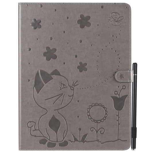 For iPad Pro 12.9 (2020) & (2018) Cat Bee Embossing Pattern Horizontal Flip Leather Tablet Case with Holder & Card Slots & Wallet & Pen Slot(Grey) - iPad Pro 12.9 (2020) Cases by buy2fix | Online Shopping UK | buy2fix