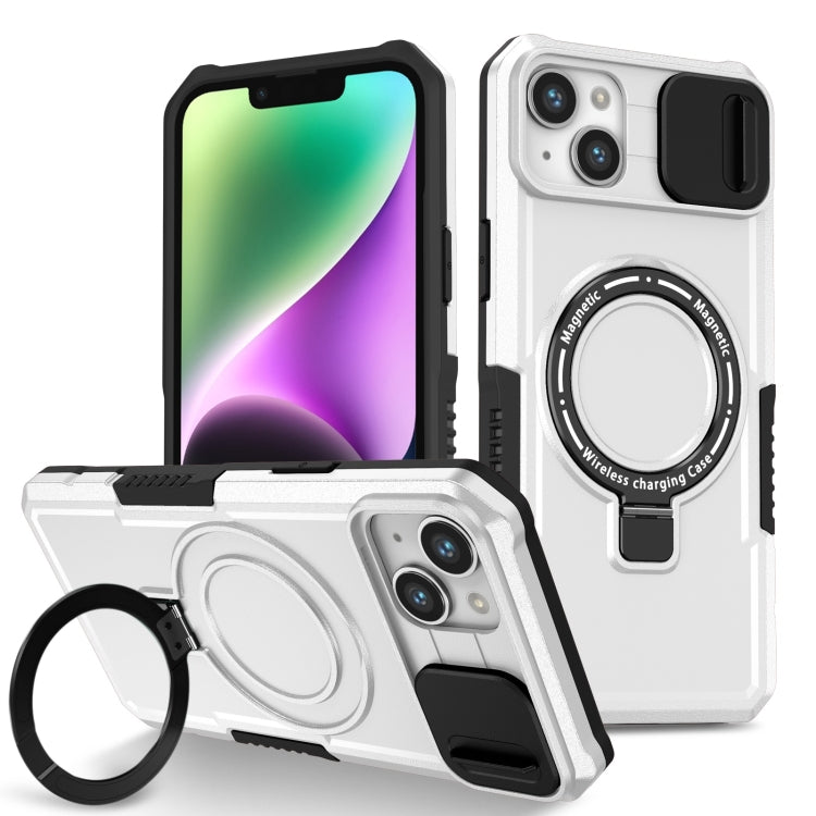 For iPhone 14 Sliding Camshield MagSafe Holder TPU Hybrid PC Phone Case(Black White) - iPhone 14 Cases by buy2fix | Online Shopping UK | buy2fix
