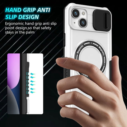 For iPhone 14 Sliding Camshield MagSafe Holder TPU Hybrid PC Phone Case(Black White) - iPhone 14 Cases by buy2fix | Online Shopping UK | buy2fix