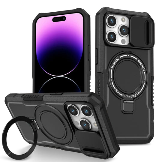 For iPhone 14 Pro Max Sliding Camshield MagSafe Holder TPU Hybrid PC Phone Case(Black)