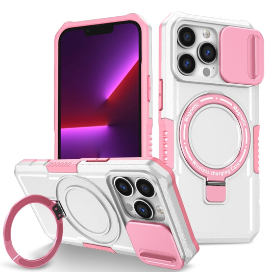 For iPhone 13 Pro Sliding Camshield MagSafe Holder TPU Hybrid PC Phone Case(Pink White) - iPhone 13 Pro Cases by buy2fix | Online Shopping UK | buy2fix