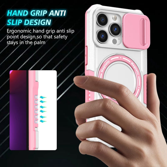 For iPhone 13 Pro Sliding Camshield MagSafe Holder TPU Hybrid PC Phone Case(Pink White) - iPhone 13 Pro Cases by buy2fix | Online Shopping UK | buy2fix