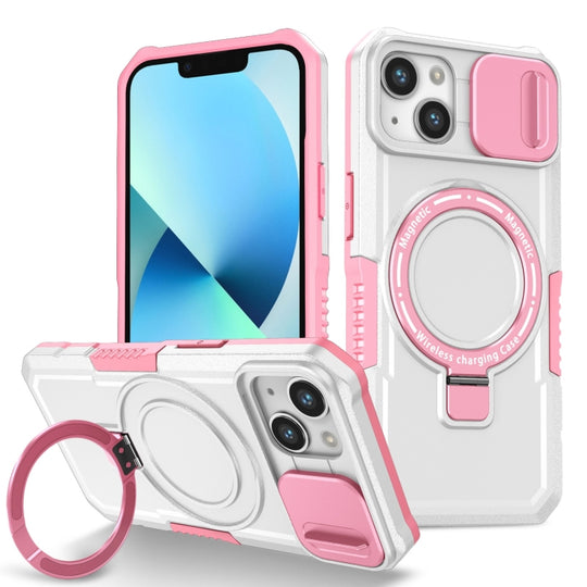 For iPhone 13 Sliding Camshield MagSafe Holder TPU Hybrid PC Phone Case(Pink White)