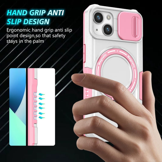 For iPhone 13 Sliding Camshield MagSafe Holder TPU Hybrid PC Phone Case(Pink White) - iPhone 13 Cases by buy2fix | Online Shopping UK | buy2fix