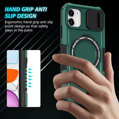 For iPhone 12 Sliding Camshield MagSafe Holder TPU Hybrid PC Phone Case(Deep Green) by buy2fix