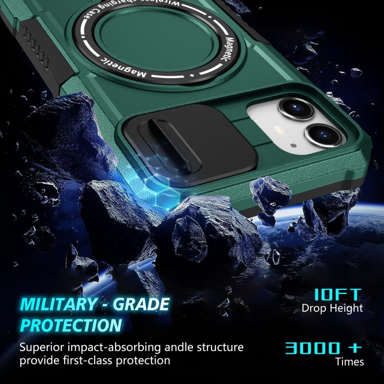 For iPhone 12 Sliding Camshield MagSafe Holder TPU Hybrid PC Phone Case(Deep Green) by buy2fix