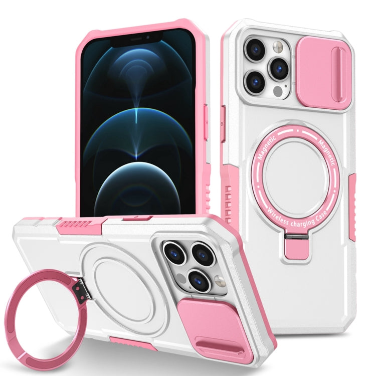 For iPhone 12 Pro Max Sliding Camshield MagSafe Holder TPU Hybrid PC Phone Case(Pink White) by buy2fix