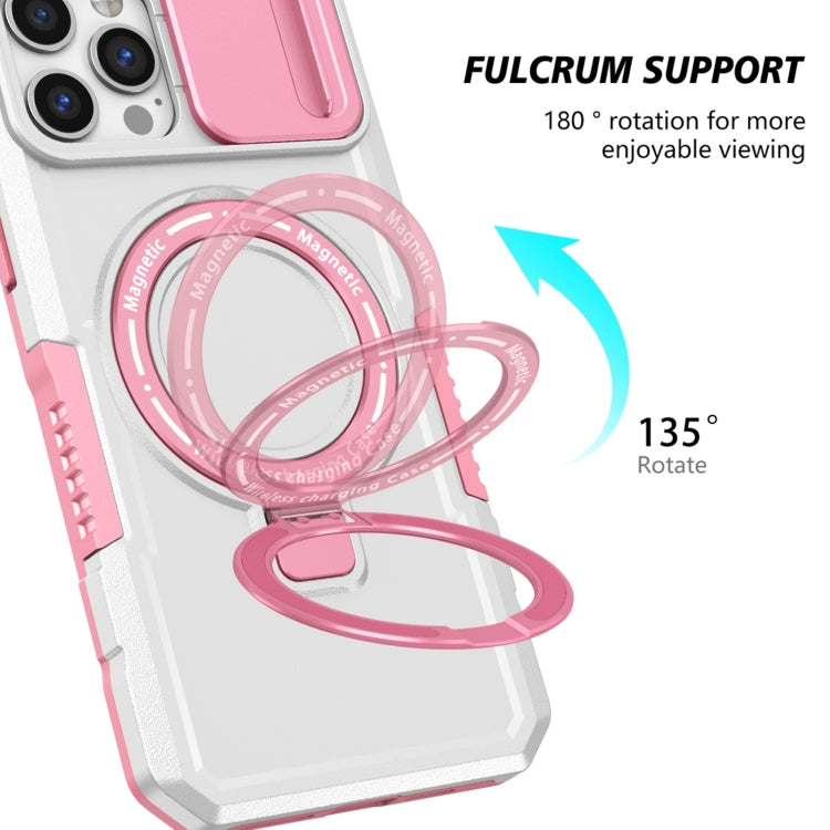 For iPhone 12 Pro Max Sliding Camshield MagSafe Holder TPU Hybrid PC Phone Case(Pink White) by buy2fix