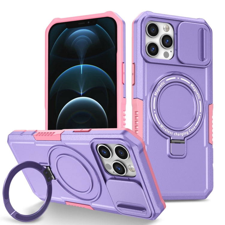 For iPhone 12 Pro Max Sliding Camshield MagSafe Holder TPU Hybrid PC Phone Case(Pink Purple) by buy2fix
