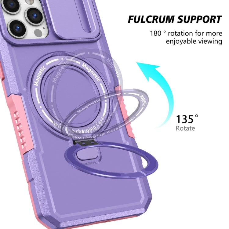 For iPhone 12 Pro Max Sliding Camshield MagSafe Holder TPU Hybrid PC Phone Case(Pink Purple) by buy2fix