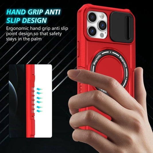 For iPhone 12 Pro Max Sliding Camshield MagSafe Holder TPU Hybrid PC Phone Case(Red) by buy2fix