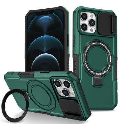 For iPhone 12 Pro Sliding Camshield MagSafe Holder TPU Hybrid PC Phone Case(Deep Green) by buy2fix