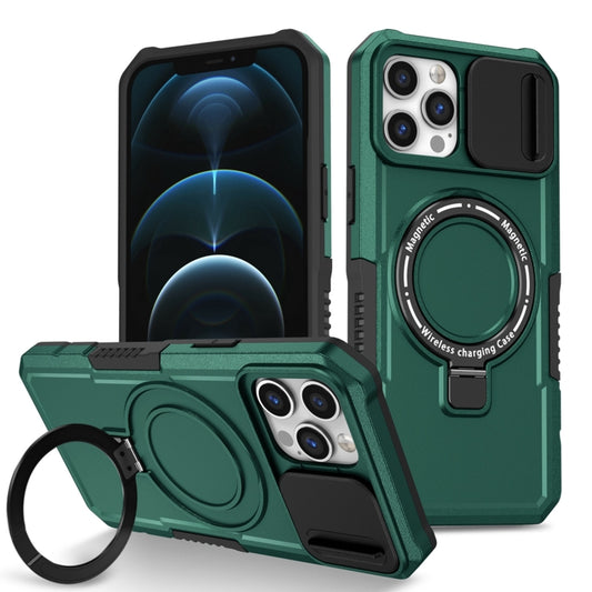 For iPhone 12 Pro Sliding Camshield MagSafe Holder TPU Hybrid PC Phone Case(Deep Green) by buy2fix